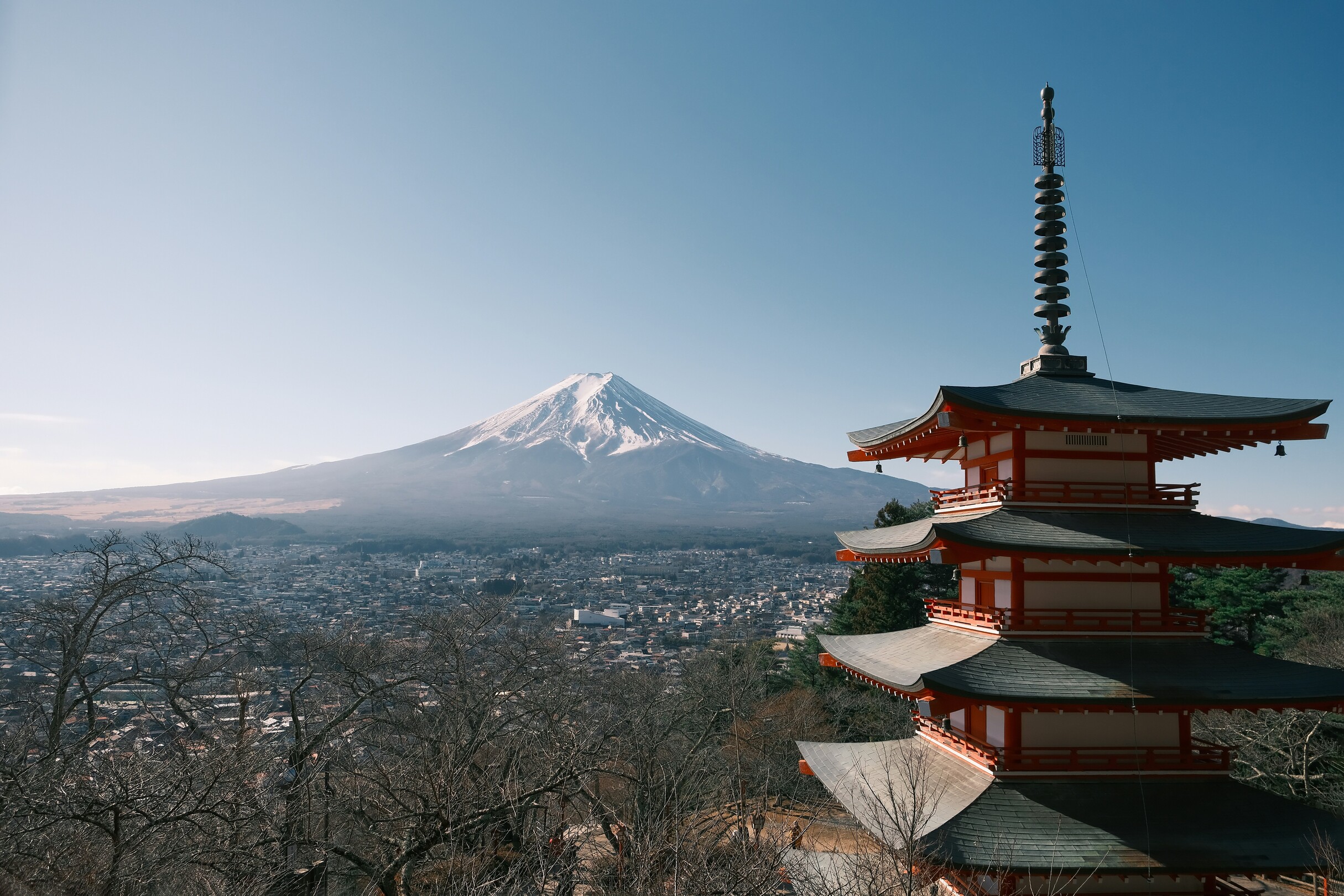 Mount Fuji view from Chureito Pagoda in Tokyo, Japan feature