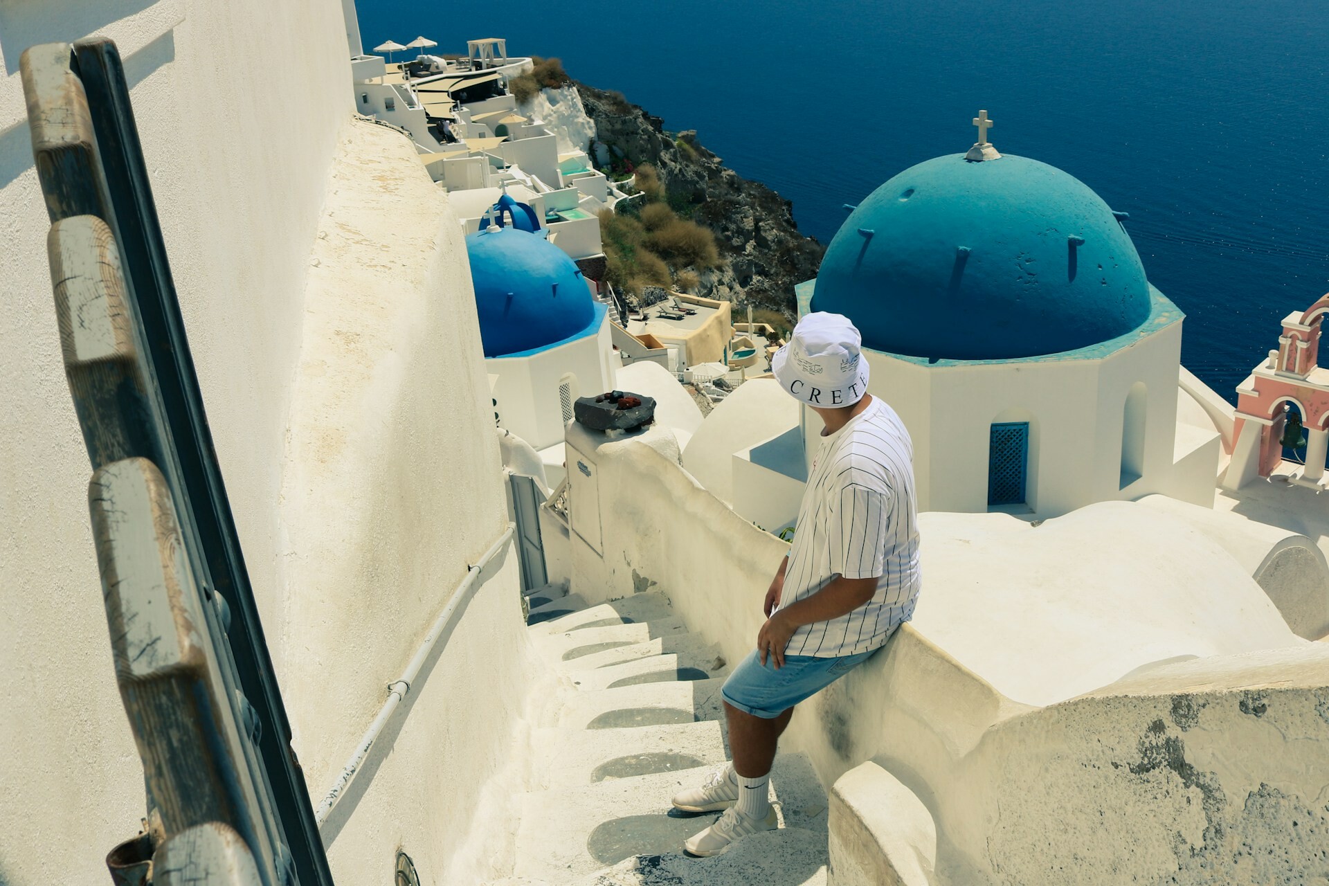 Man Santorini Greece View Feature